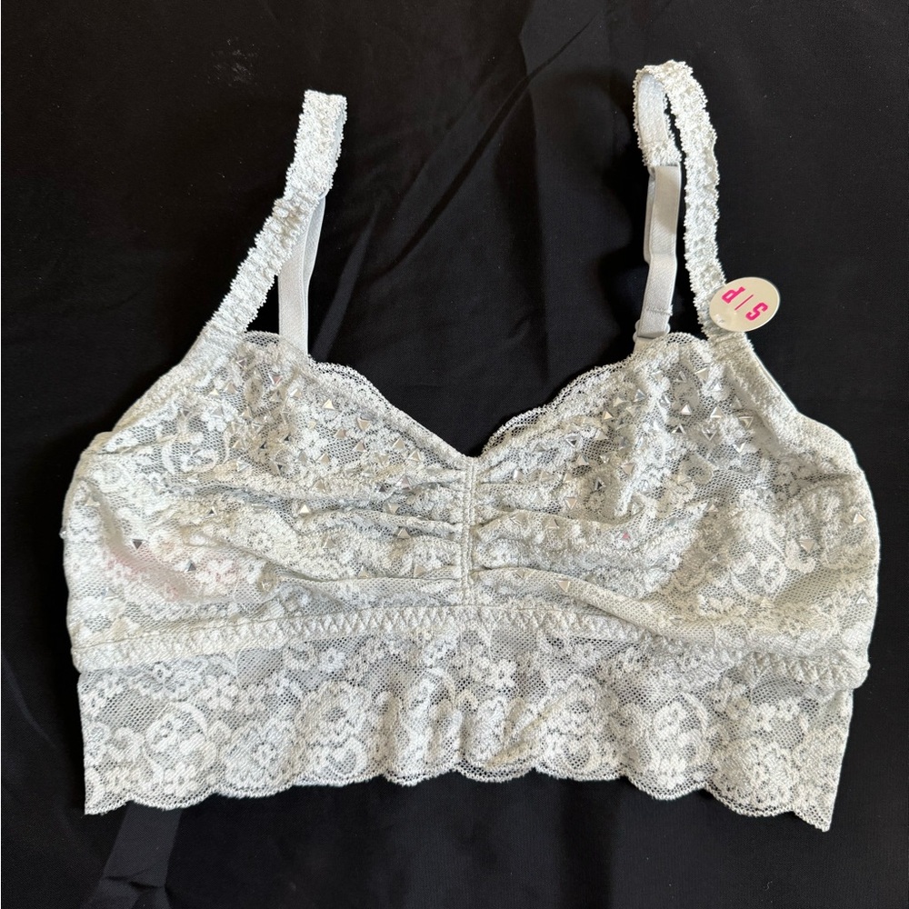 Victoria’s Secret PINK lace and rhinestone gray bralette Small NEW